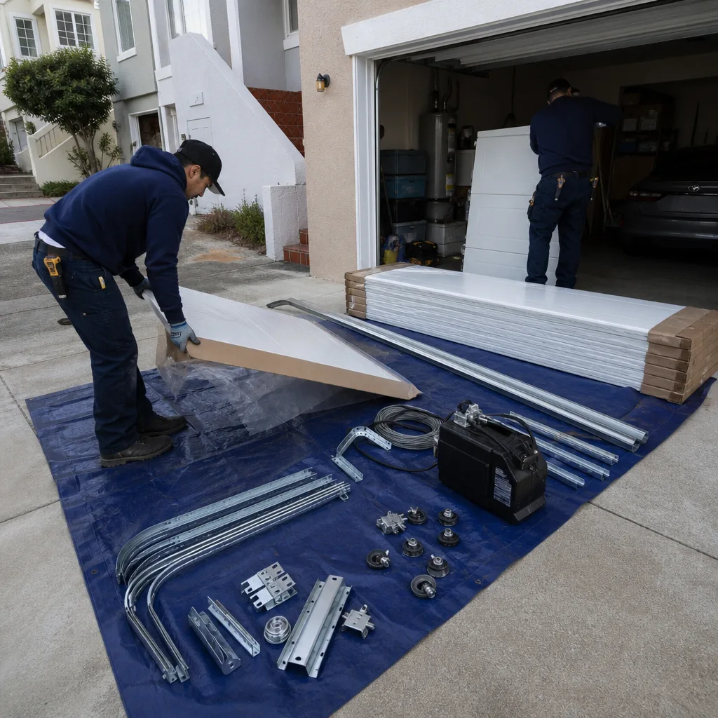 Professional garage door installation technicians working with hardware and panels on driveway