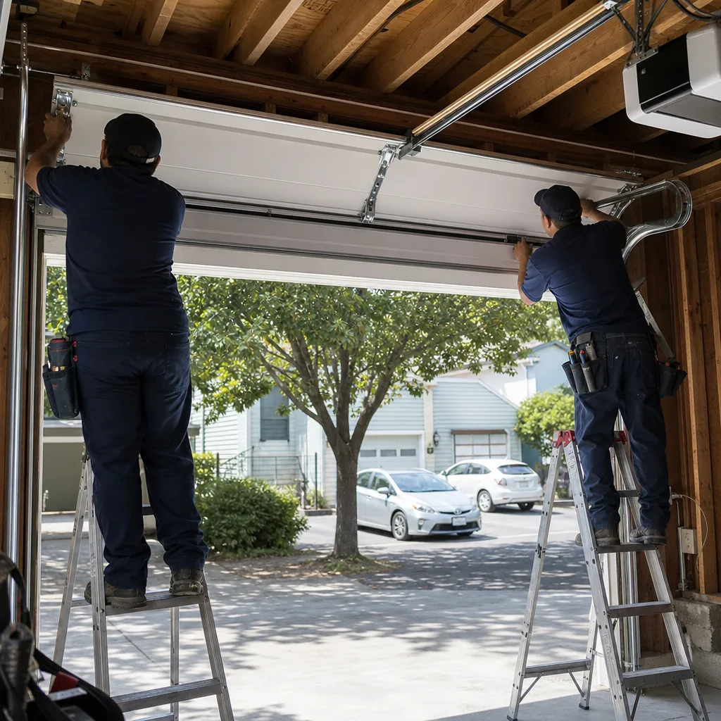 Two professional technicians installing a new residential garage door