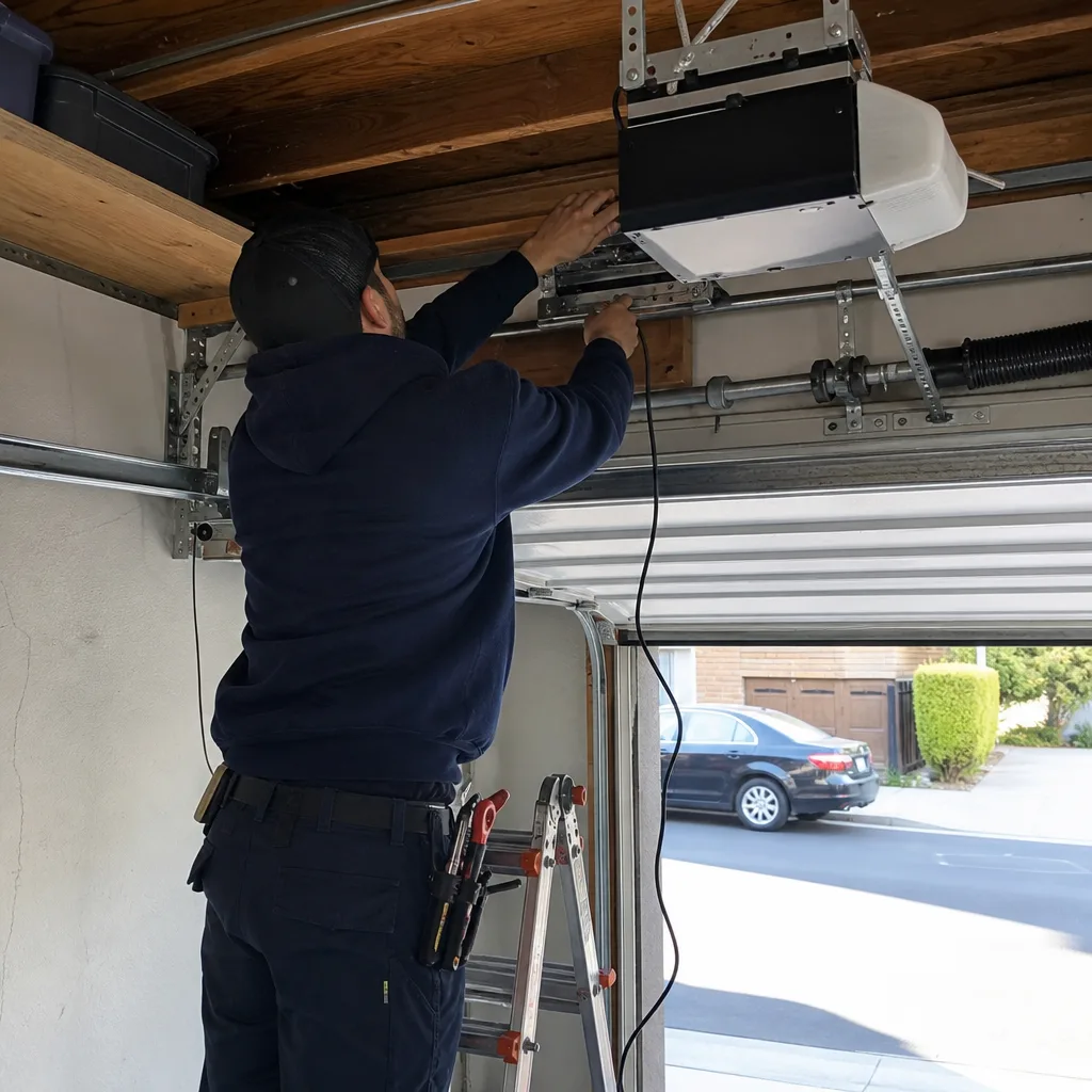 Technician performing professional garage door opener repair in a residential garage