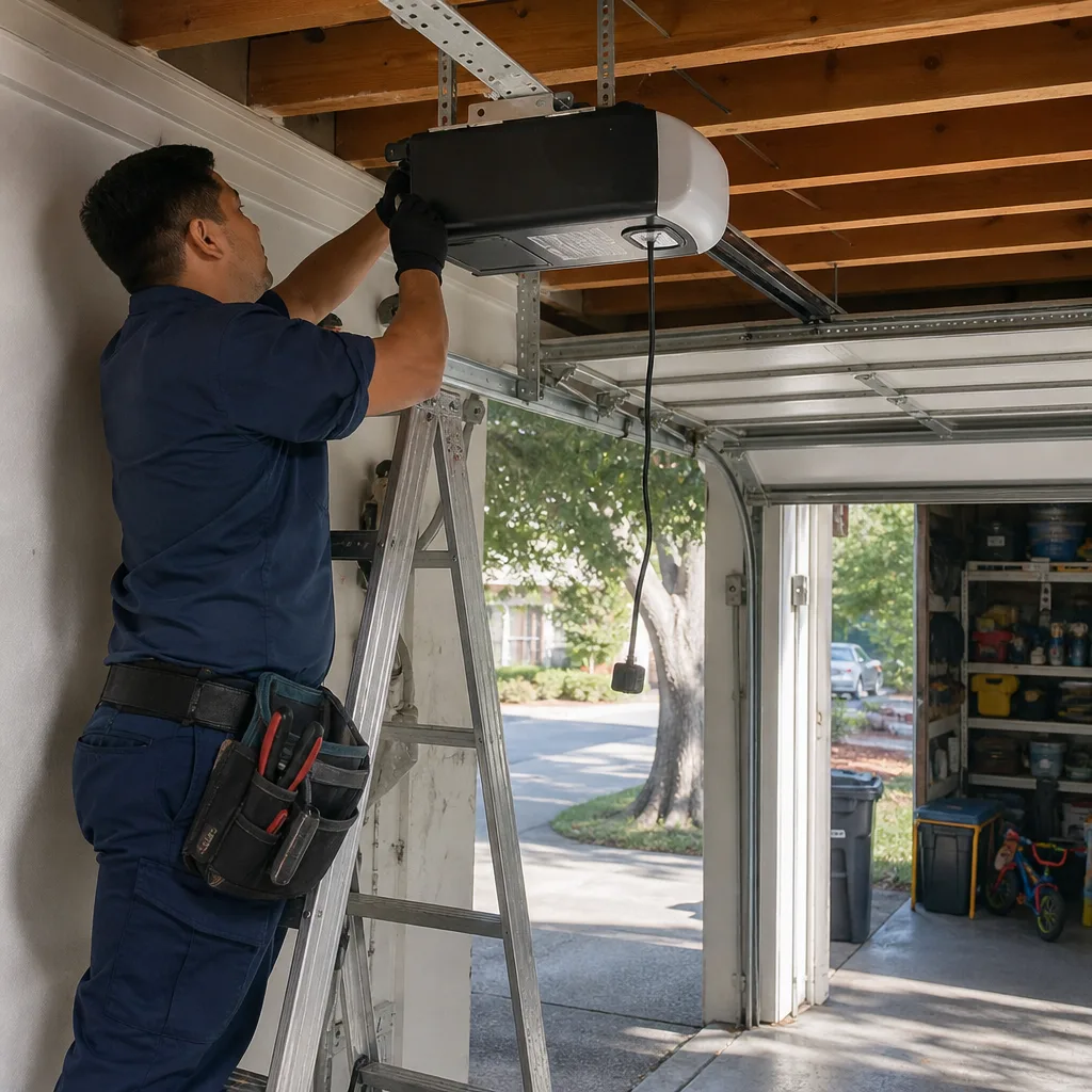 Technician performing professional garage door opener repair in residential garage