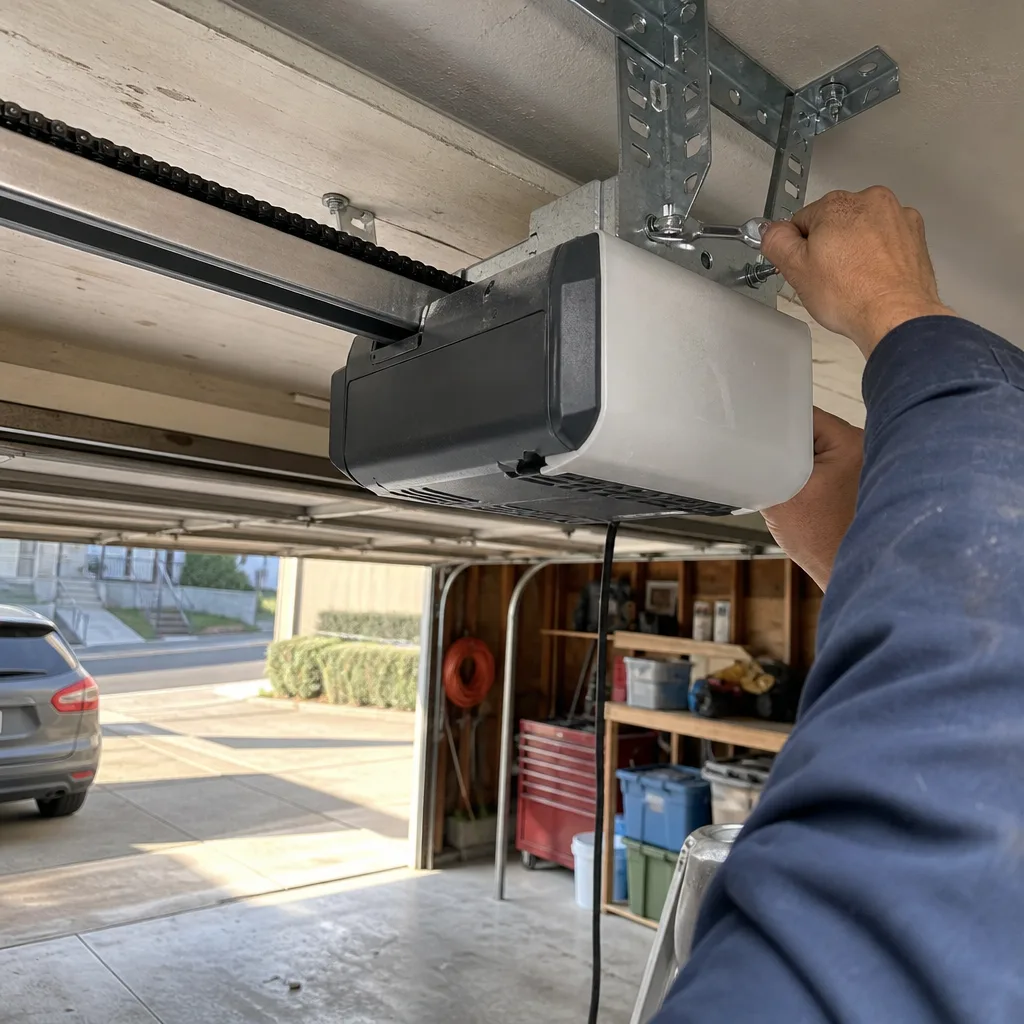 Technician repairing a garage door opener with a wrench