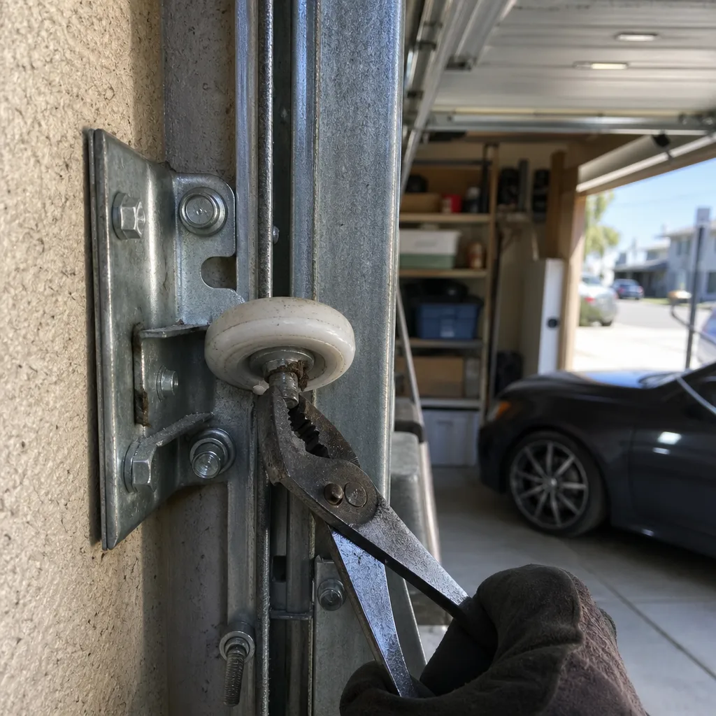A technician performing a professional garage door roller repair